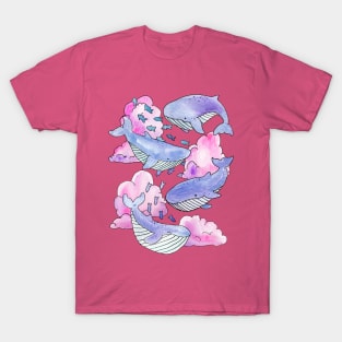 Whales & Fish Swimming Within Dreamy Pink & Purple Clouds T-Shirt